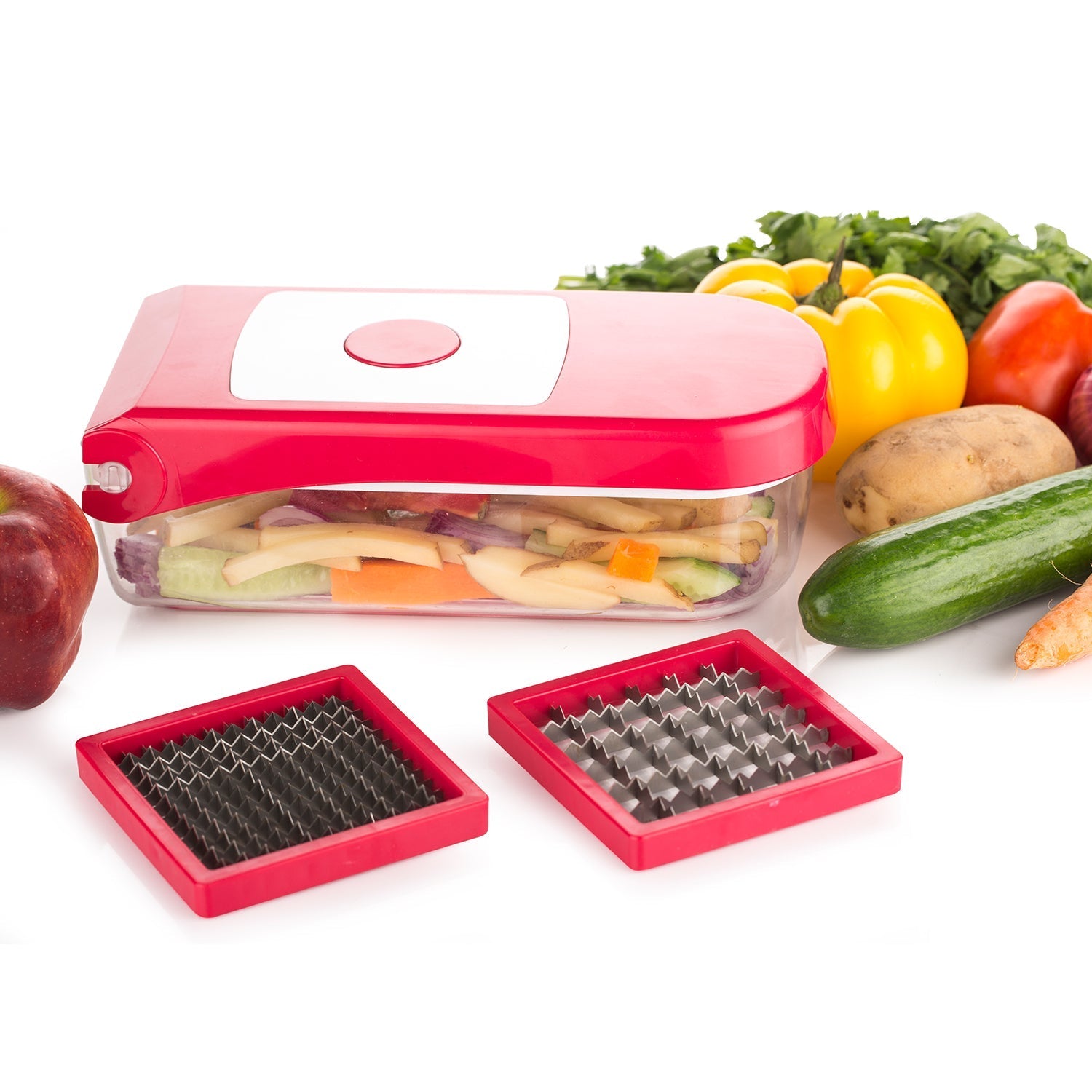 Ganesh red plastic chopper, vegetable and fruit cutter, shown from multiple angles. Ganesh red plastic chopper, vegetable and fruit cutter, shown from multiple angles.